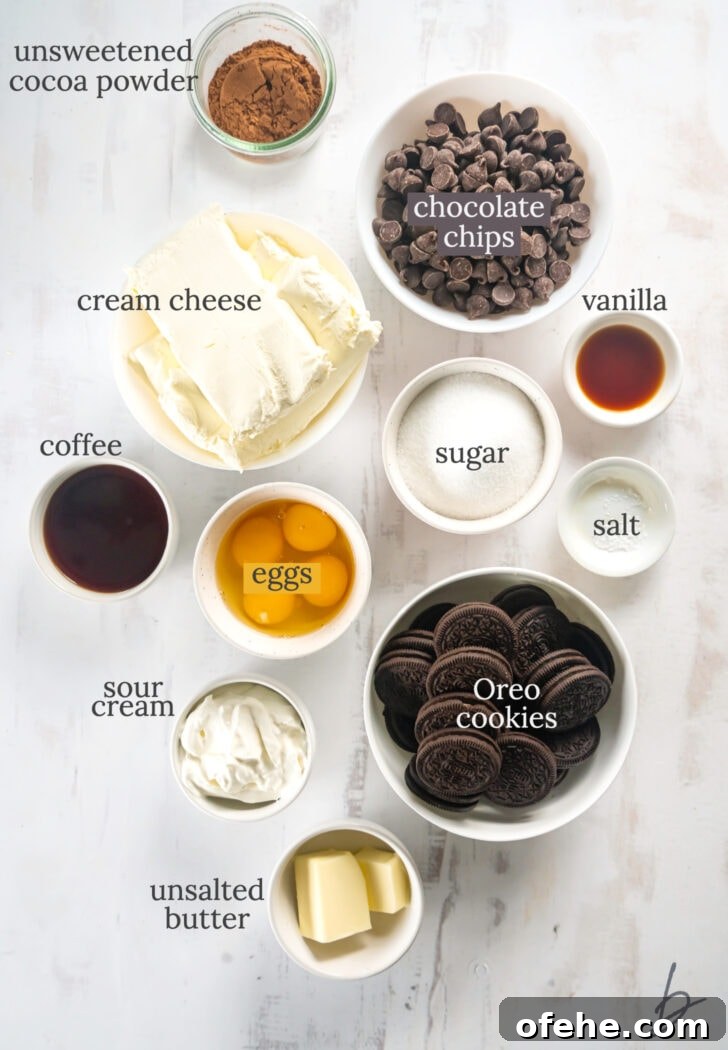 chocolate cheesecake ingredients in bowls labeled with text