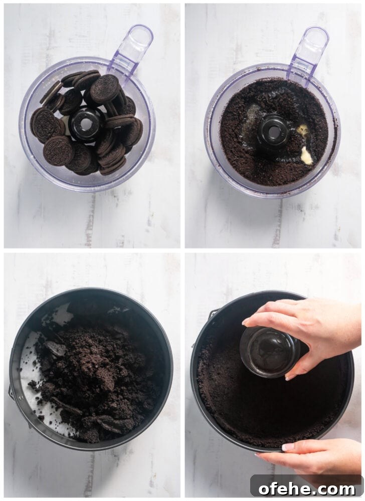 photo collage demonstrating how to make oreo crust for chocolate cheesecake