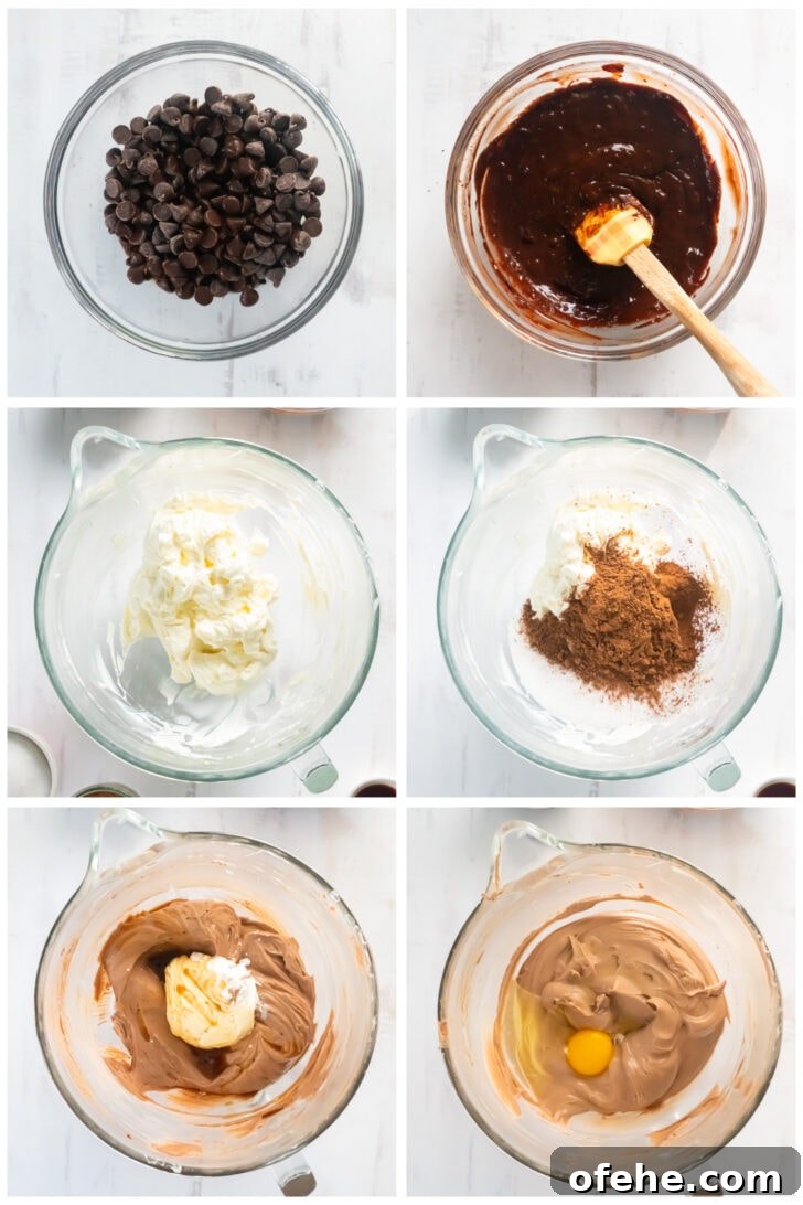 photo collage demonstrating how to make chocolate cheesecake filling in a mixing bowl with melted chocolate