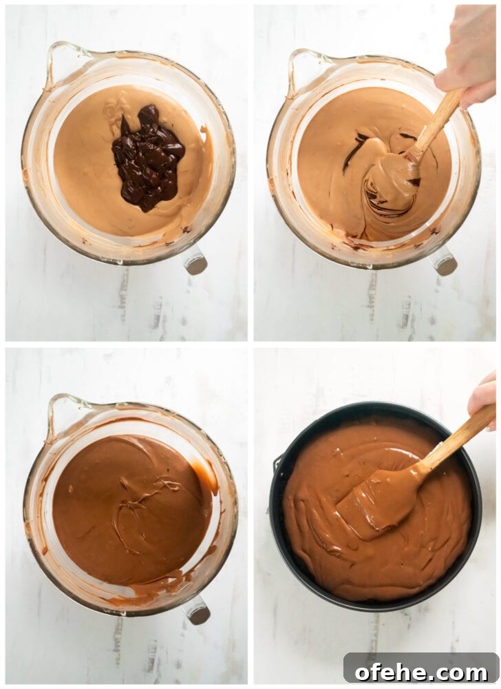 photo collage demonstrating how to make chocolate cheesecake filling in a mixing bowl and springform pan