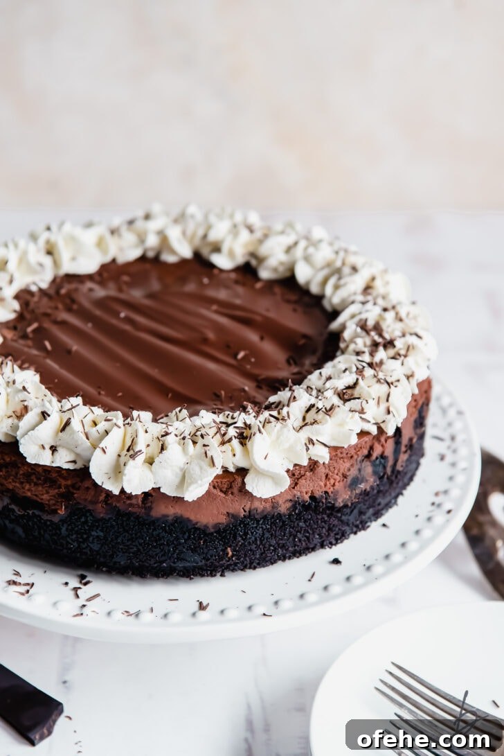 chocolate cheesecake with chocolate ganache and whipped cream on a white cake plate