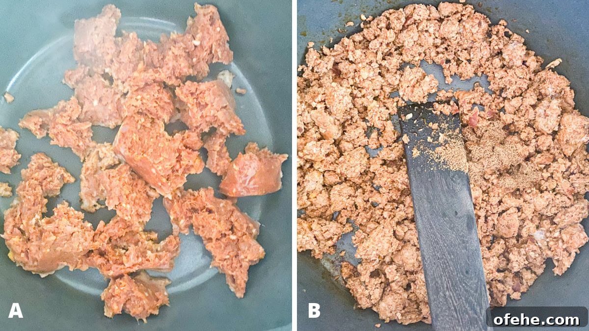Creamy Chorizo Dip Recipe for Game Day or Parties 5 chorizo in the pan and then cooked and chopped with spices