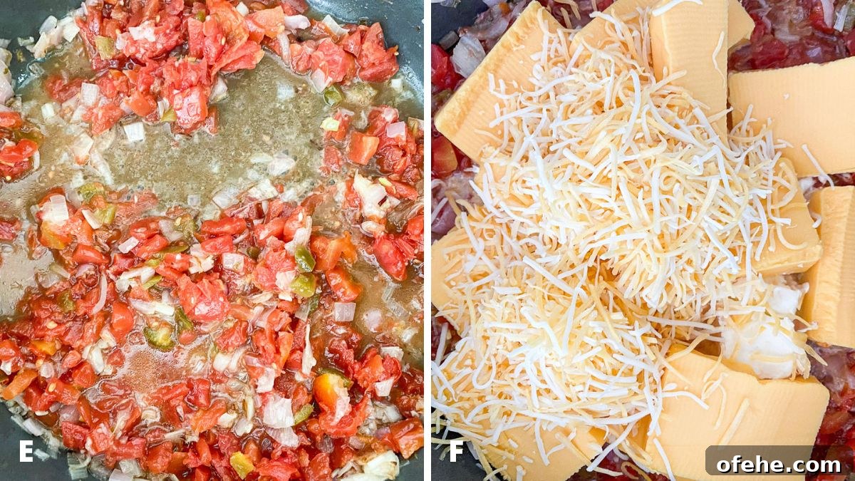 Creamy Chorizo Dip Recipe for Game Day or Parties 7 Left - can of tomatoes and chile peppers added to the shallots. Right - cheeses added to the tomatoes