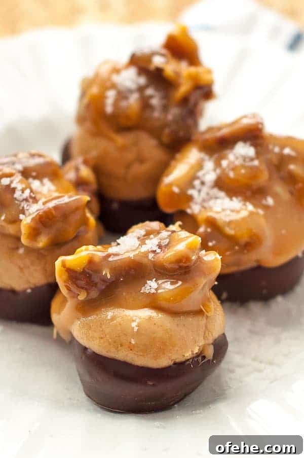 Buckeye Peanut Butter Turtles: Chocolate-Covered Candy Recipe 2 A close up shot of a plate of buckeyes candy with turtle topping.