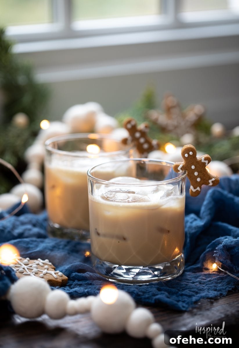 Gingerbread White Russian Cocktail Recipe — Holiday Coffee Liqueur 10 Gingerbread White Russian with gingerbread man garnish.