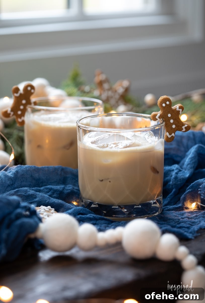 Gingerbread White Russian Cocktail Recipe — Holiday Coffee Liqueur 11 Gingerbread White Russians in glasses.