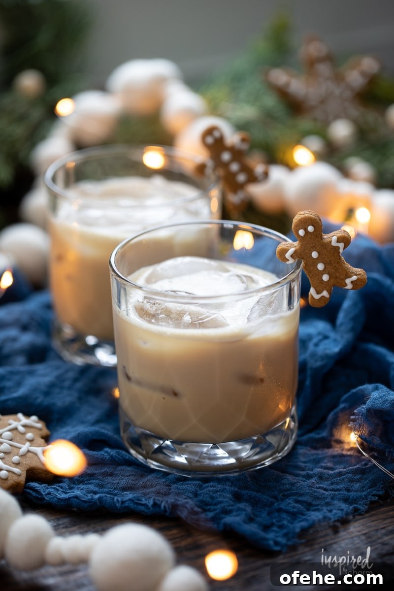 Gingerbread White Russian Cocktail Recipe — Holiday Coffee Liqueur 4 Gingerbread White Russians in glasses.