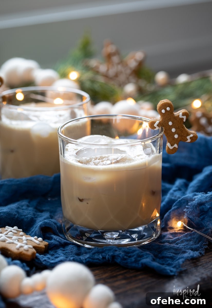 Gingerbread White Russian Cocktail Recipe — Holiday Coffee Liqueur 5 Gingerbread White Russian in rocks glasses.