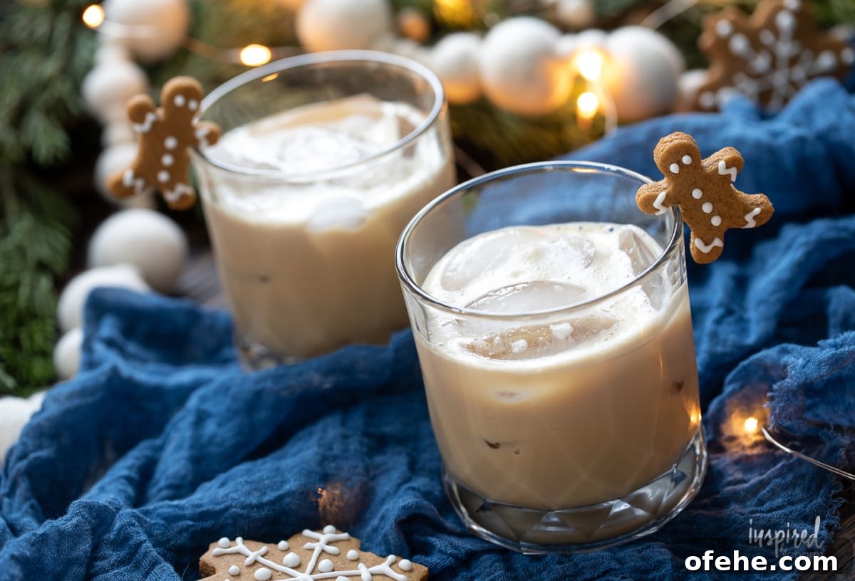Gingerbread White Russian Cocktail Recipe — Holiday Coffee Liqueur 6 Gingerbread White Russian in rocks glasses.