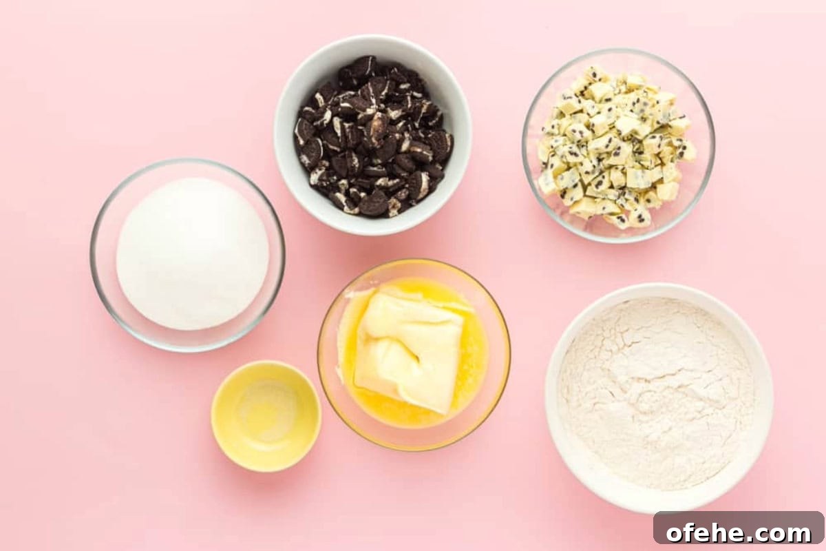 Edible Oreo Cookie Dough Recipe You Can Eat Raw 5 measured ingredients for oreo cookie dough in individual bowls.