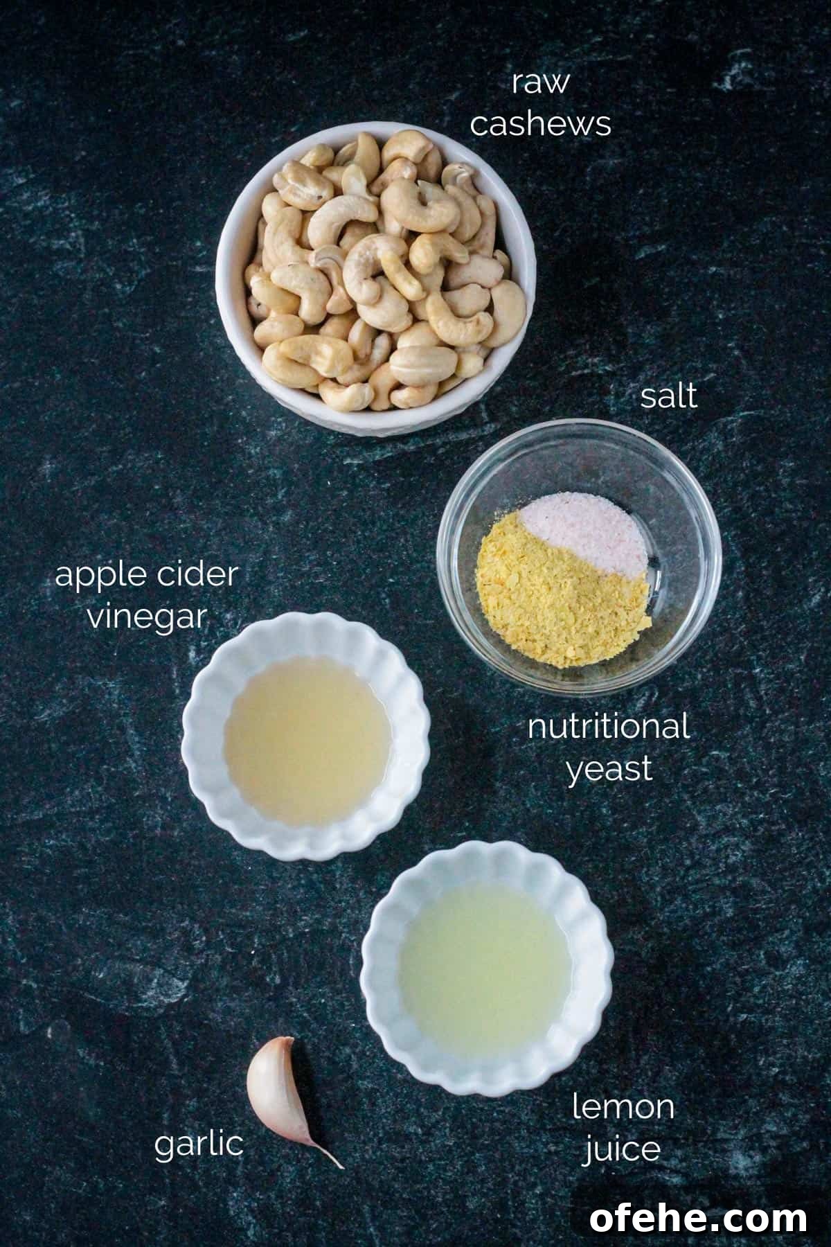 Creamy Vegan Cashew Ricotta Recipe for Pasta & Pizza 3 Recipe ingredients arrayed in individual bowls.