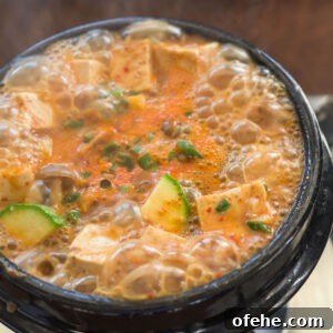 bubbling doenjang jjigae with tofu and zucchini in a hot stone pot