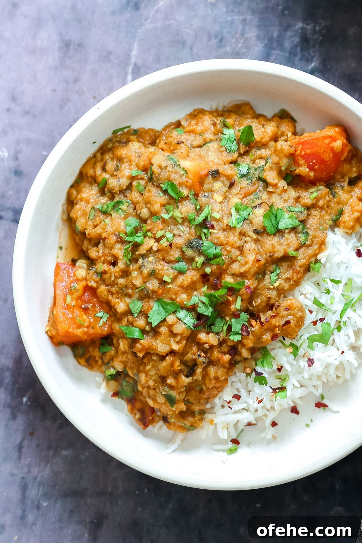 Indian butter daal served with rice on a plate