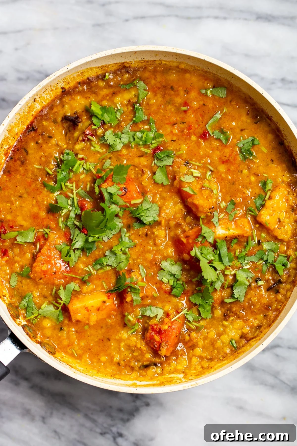 a sauteeing pan with red lentil butter dal sprinkled with cilantro 