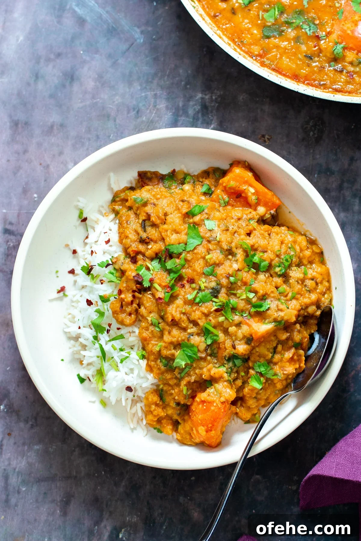 vegan butter daal served with rice and chopped with cilantro 