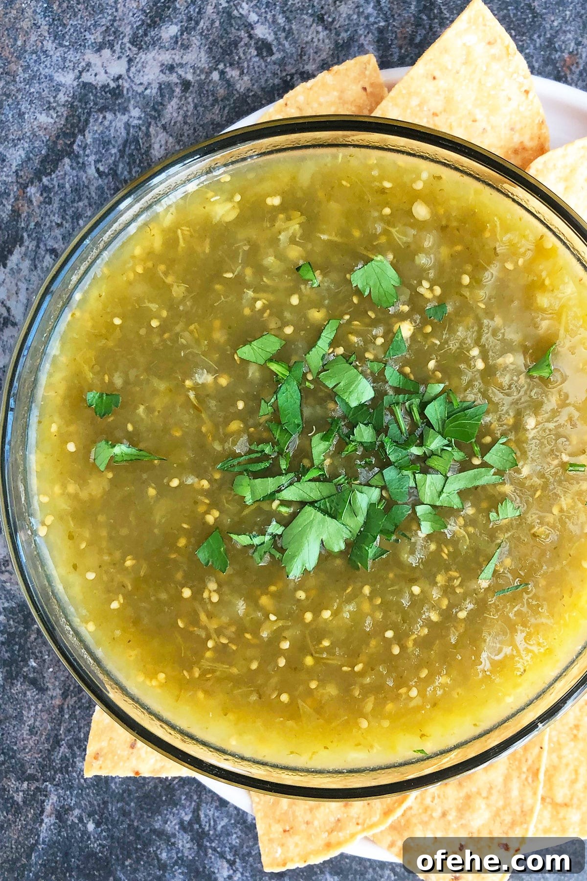 Mexican Homemade Salsa Verde in Glass Bowl. 