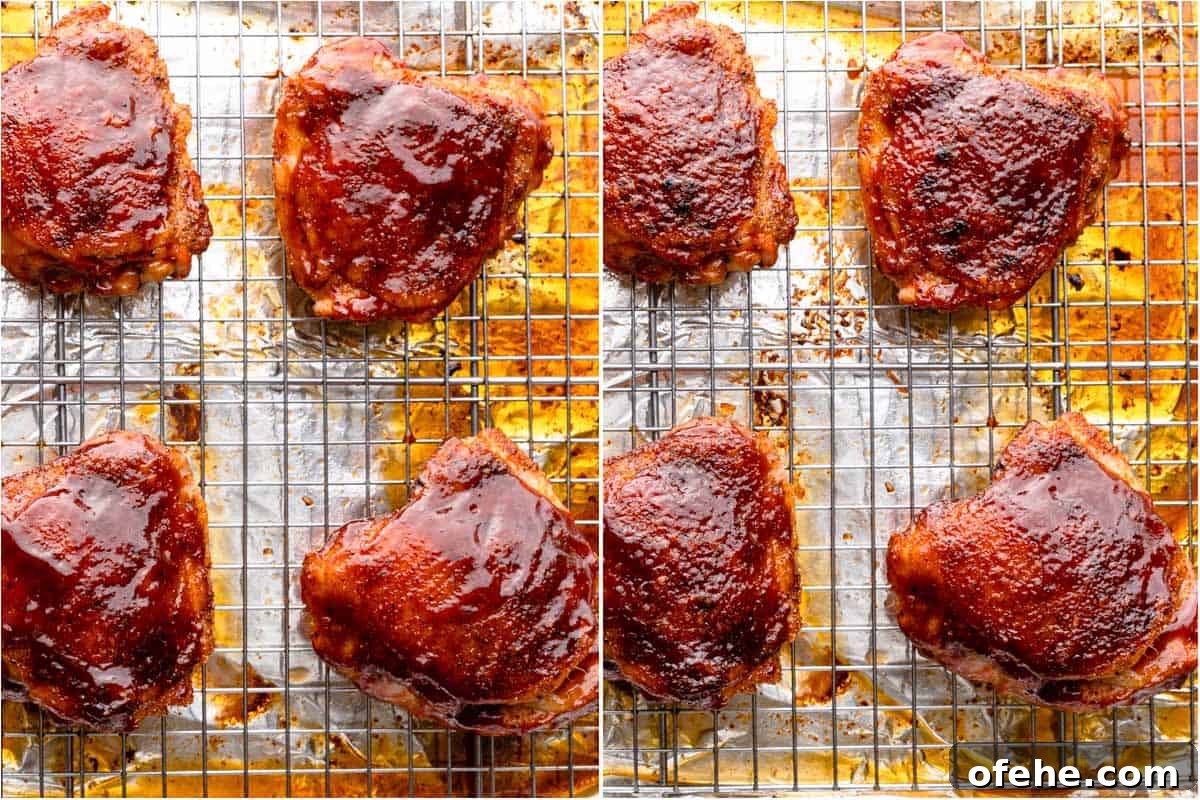 Juicy Baked BBQ Chicken Thighs with Crispy Skin 12 collage showing bbq chicken thighs before and after broiling