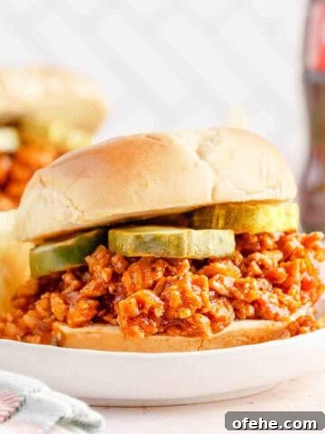 chicken sloppy joe with pickles on white plate.