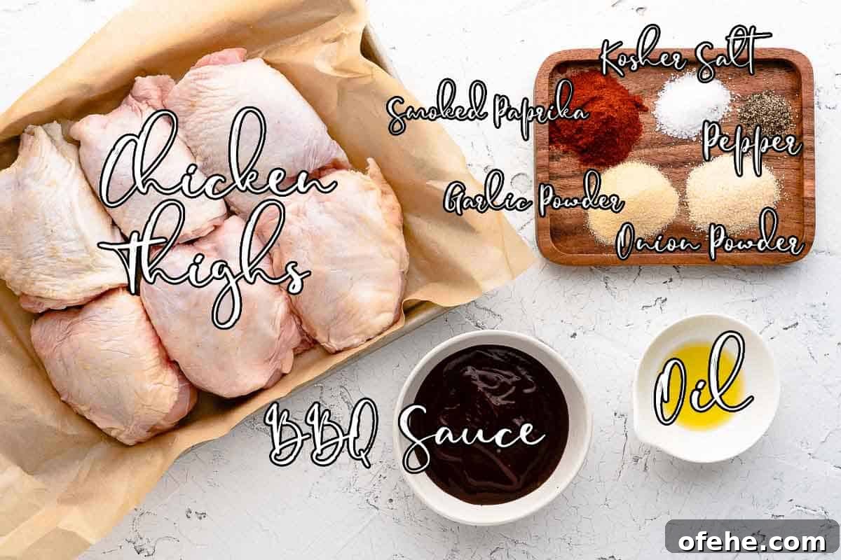 Juicy Baked BBQ Chicken Thighs with Crispy Skin 3 recipe ingredients with text overlay