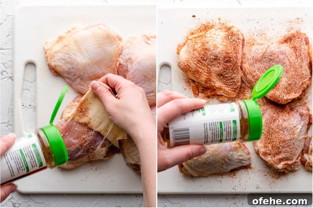 Juicy Baked BBQ Chicken Thighs with Crispy Skin 8 collage of sprinkling seasoning on chicken over and under skin
