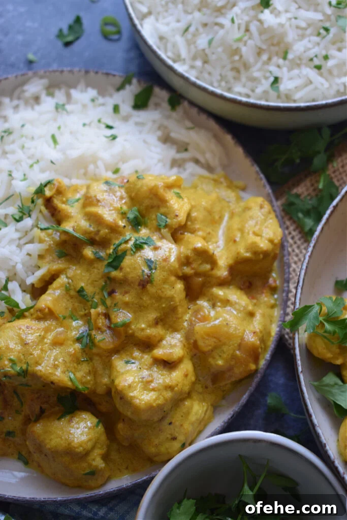Creamy Chicken Masala Recipe: Rich, Spiced Indian Curry 7 Close up of chicken masala with rice.
