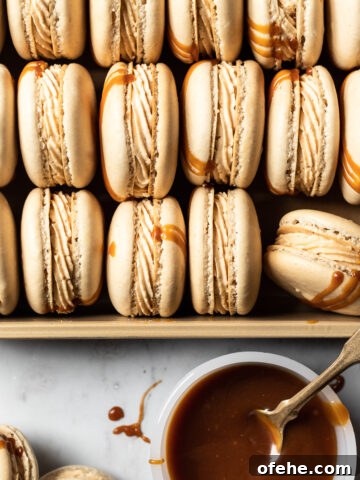 Close up view of salted caramel macarons tipped on their side and nestled into a gold metal pan. A small bowl of salted caramel is at the bottom right of the frame with a vintage gold spoon in it. Caramel drips are on the white marble background surface.