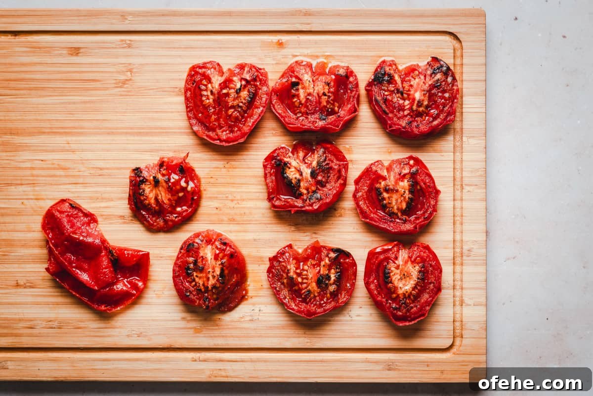 Fire roasted tomatoes on cutting board