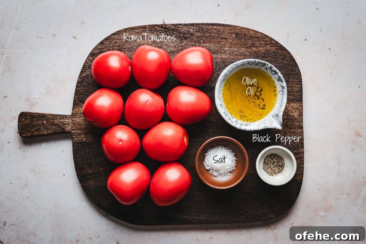 Ingredients for fire roasted tomatoes on a wooden board.