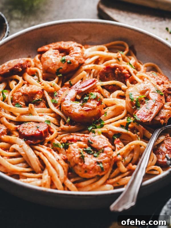 Cajun Shrimp and Sausage Pasta photographed at an angle in a light gray ceramic bowl.