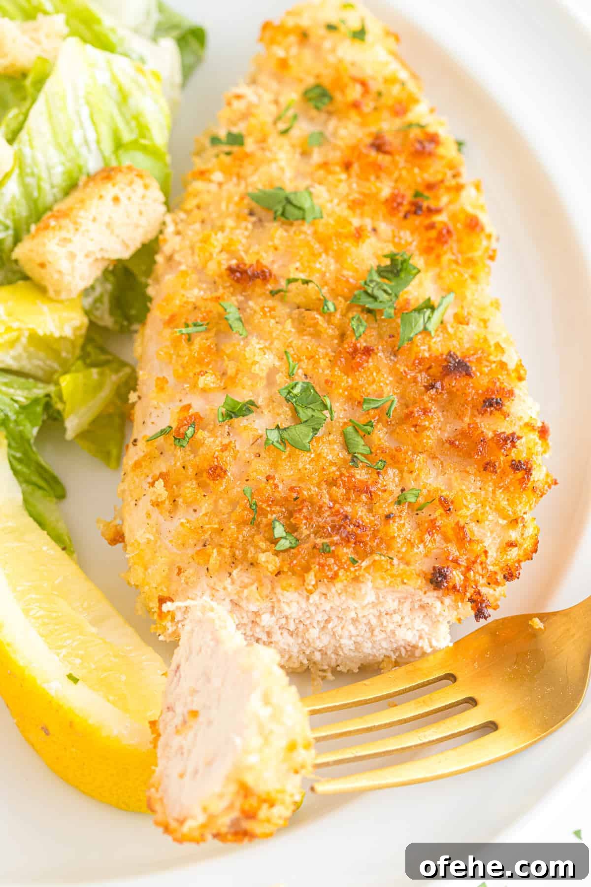 Crispy Oven-Baked Panko Chicken Recipe for Dinner 5 A bite of Panko chicken on a fork.