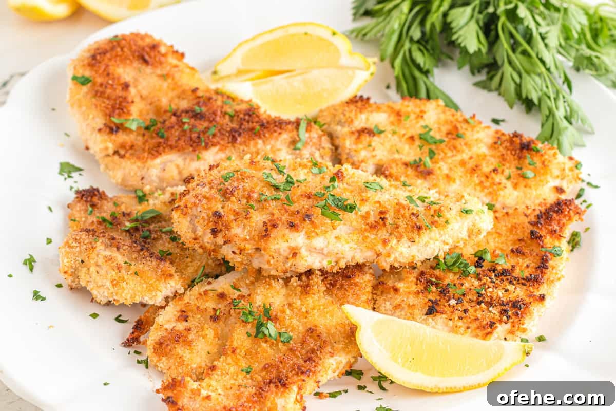 Crispy Oven-Baked Panko Chicken Recipe for Dinner 4 A plate of panko chicken with a lemon wedge and parseley garnish.