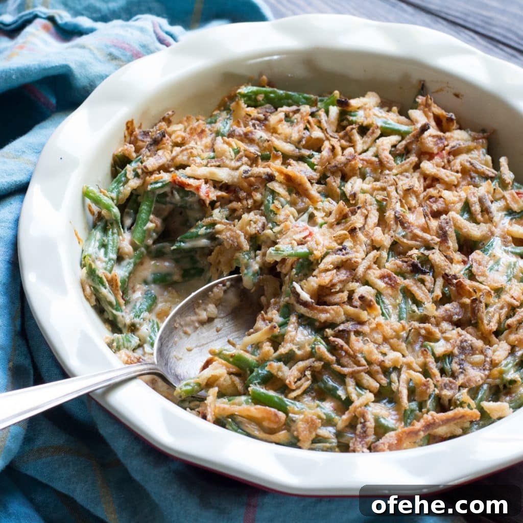 Green bean casserole topped with fried onions.
