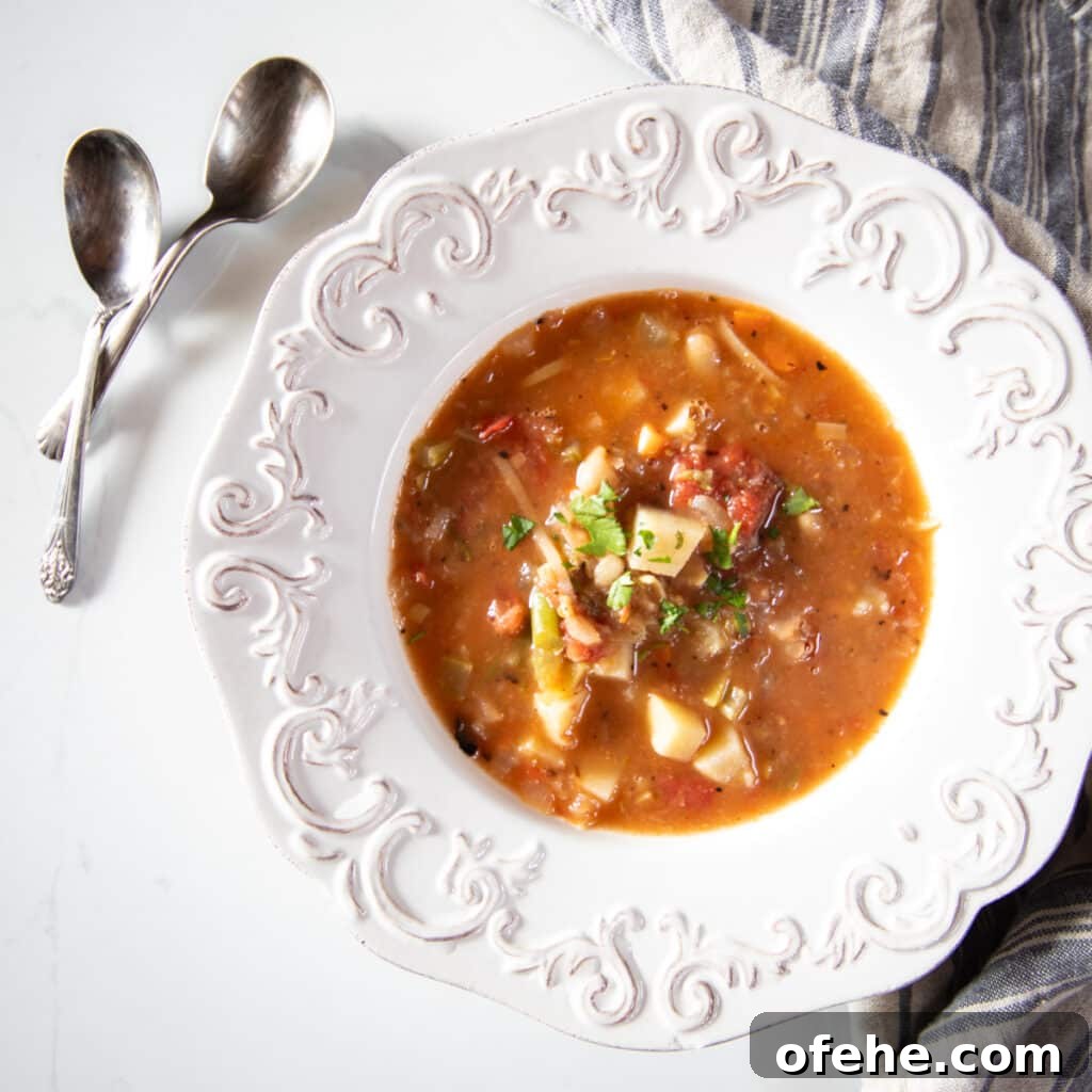 A bowl of simple vegetable soup with beans.