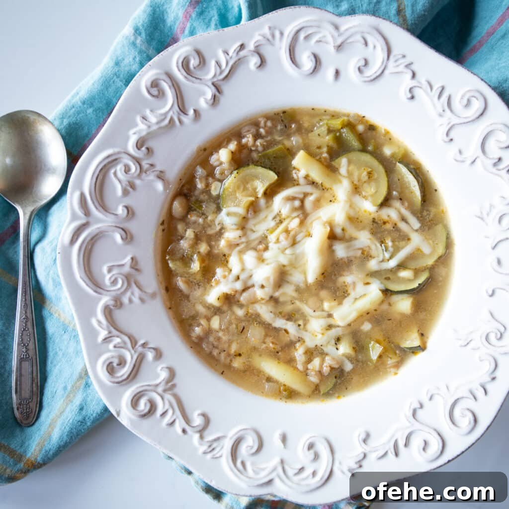 Bowl of summer farro soup with vegetables.