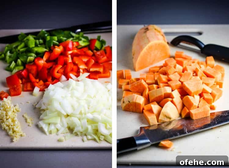 Onions, bell peppers, and garlic chopped on a cutting board, next to an image of sweet potatoes cubed on a cutting board