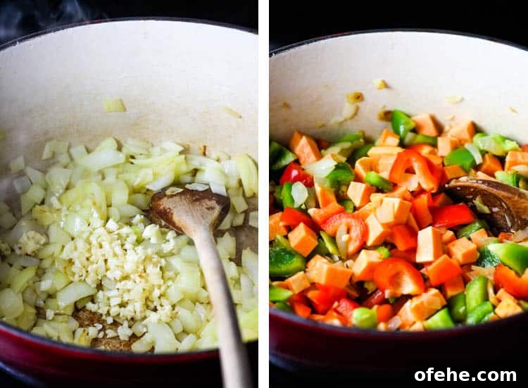Collage of 1) onions and garlic cooking in a dutch oven and 2) sweet potatoes, peppers and other vegetables in a dutch oven