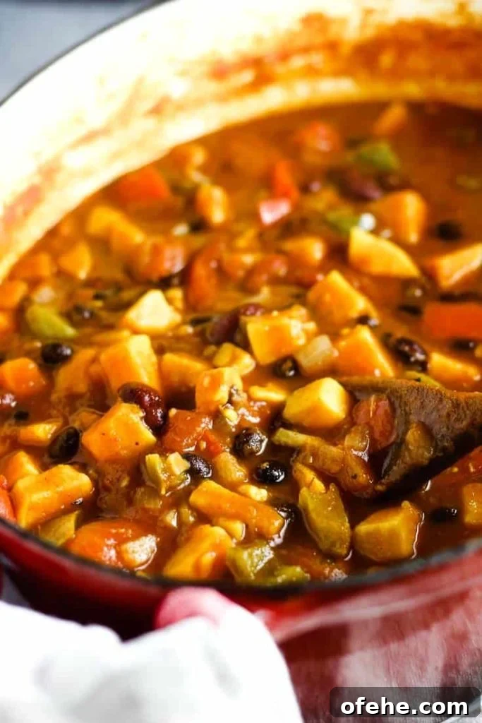 A pot of vegetarian sweet potato chili