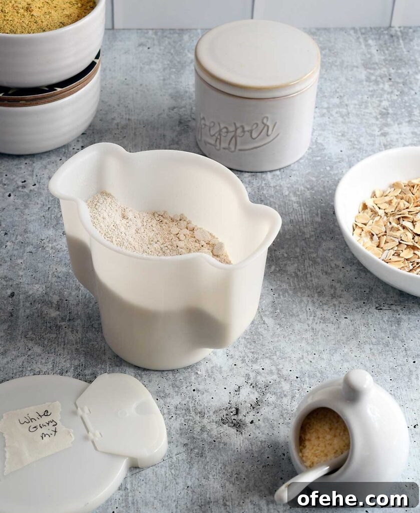 Gluten-Free Vegan White Gravy Mix Recipe (Oil-Free) 2 Homemade vegan country white gravy mix in a white tupperware contianer.