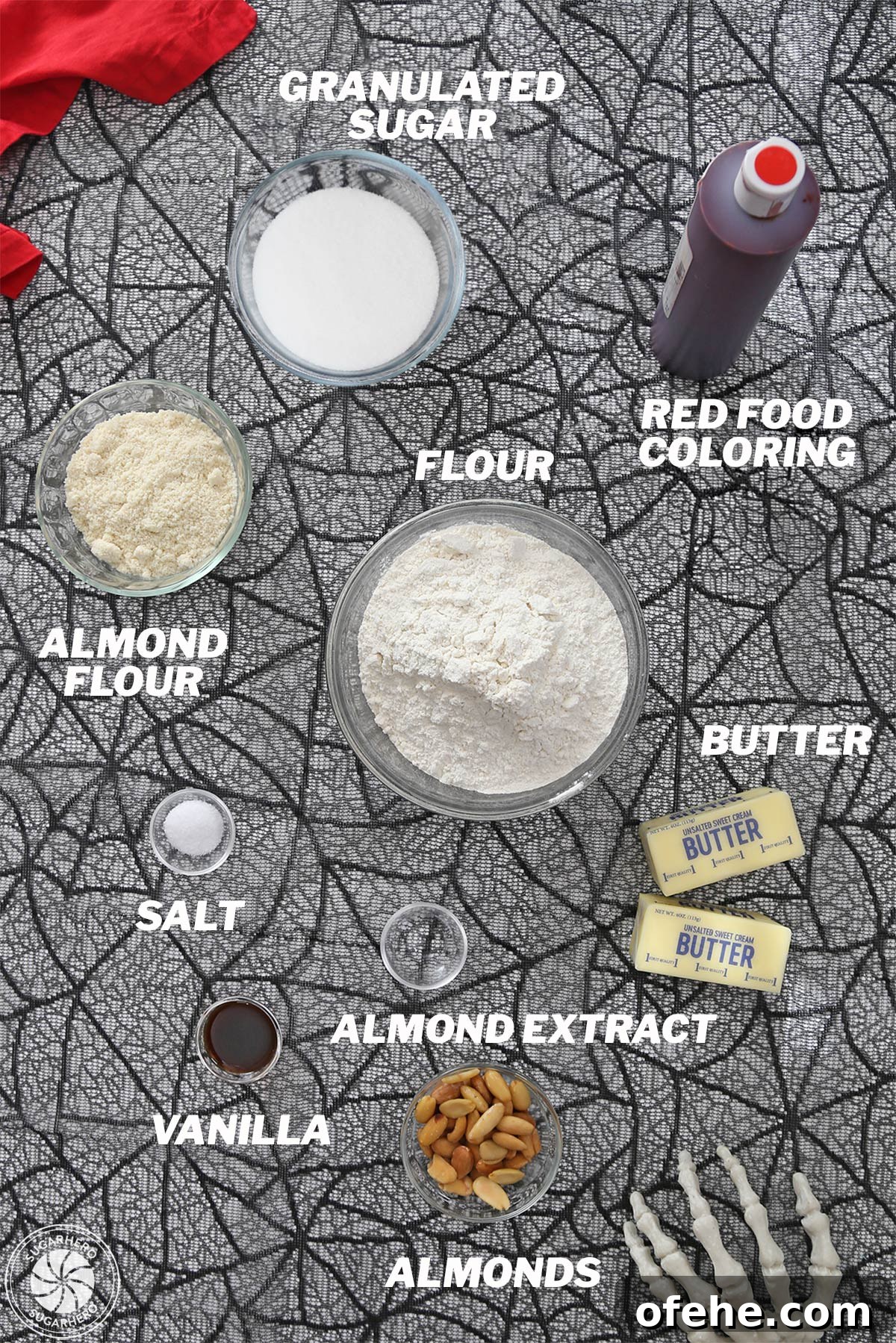 Spooky Witch Finger Cookie Recipe for Halloween Treats 3 Overhead shot of ingredients needed to make Witch Finger Cookies.