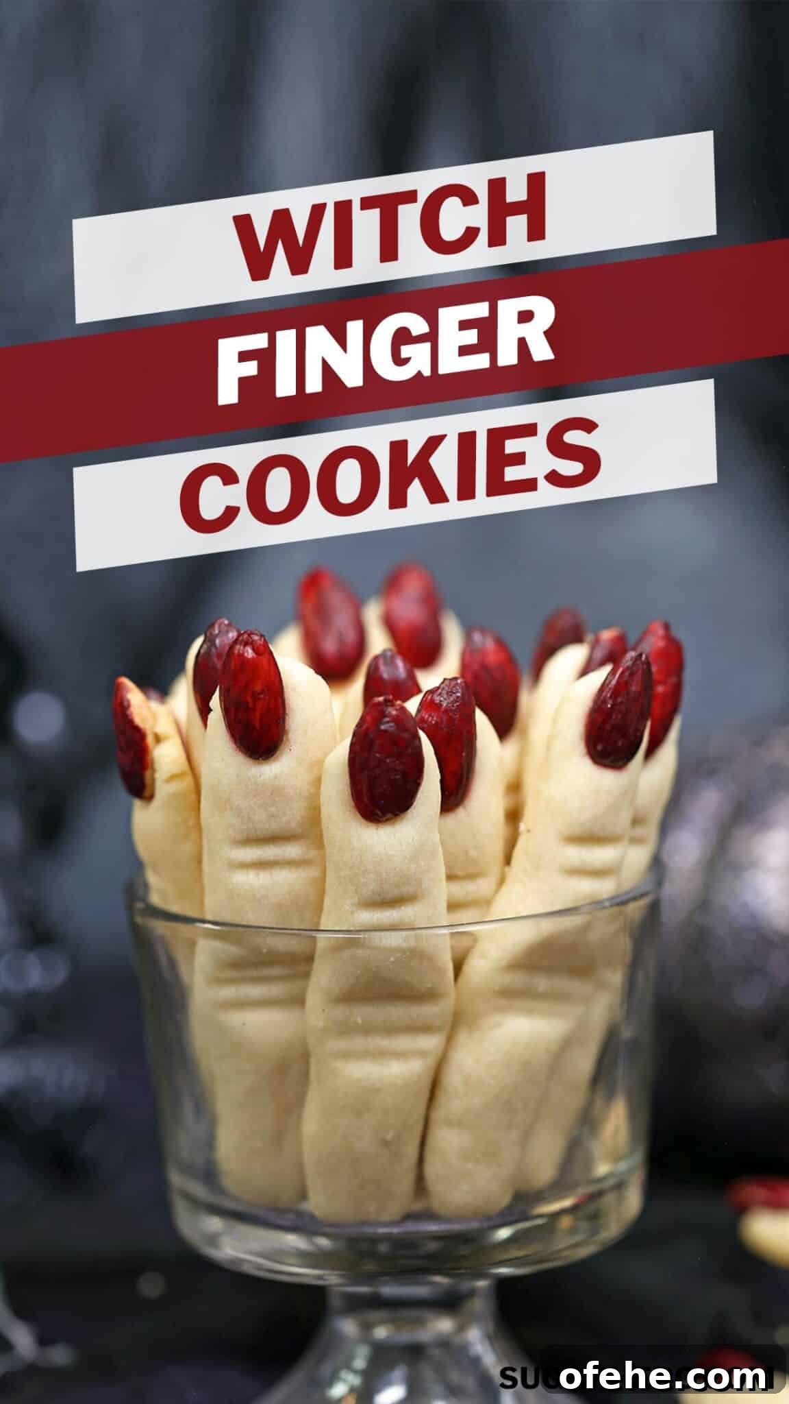 Spooky Witch Finger Cookie Recipe for Halloween Treats 28 Photo of Witch Finger Cookies with text overlay for Pinterest.