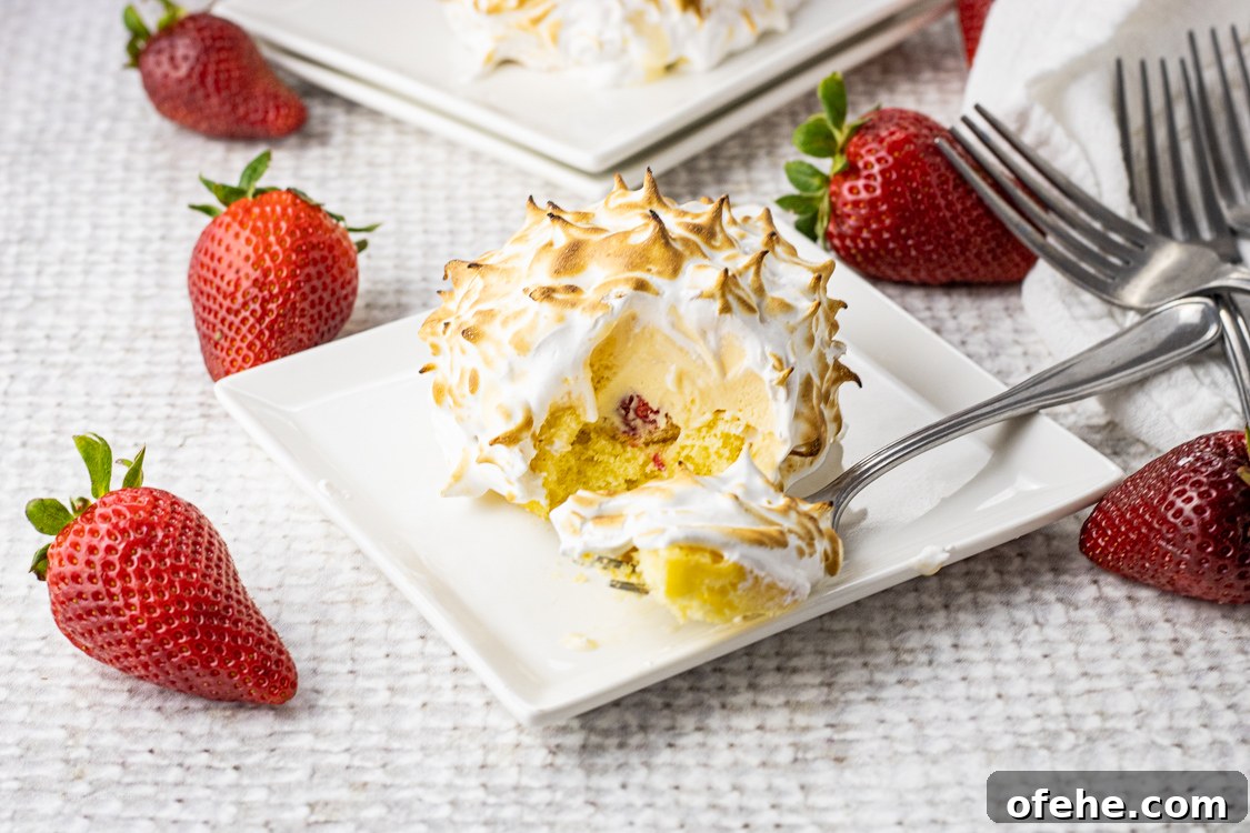 Classic Baked Alaska Recipe: Torched Meringue Dessert Guide 8 bite taken out of a baked alaska cake