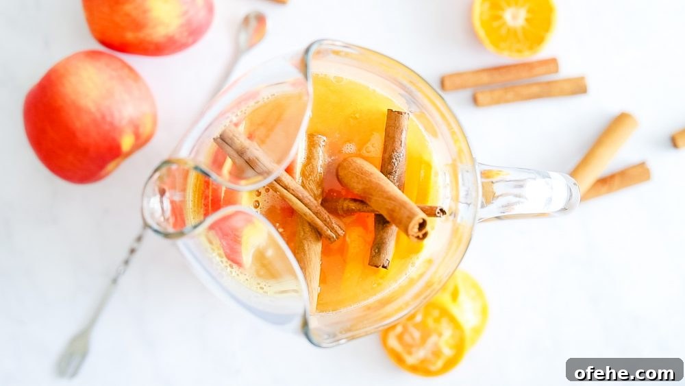 Sparkling Apple Cider Rum Punch Recipe for Fall Gatherings 5 rum punch in a pitcher with an apple cinnamon stick and slice of orange