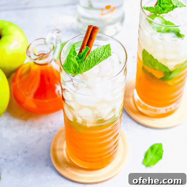 Sparkling Apple Cider Rum Punch Recipe for Fall Gatherings 8 Two tall glasses of iced orange drink with mint leaves and cinnamon sticks