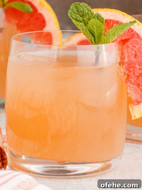 Sparkling Apple Cider Rum Punch Recipe for Fall Gatherings 10 pink mojito in a short glass with a slice of grapefruit and a sprig of mint