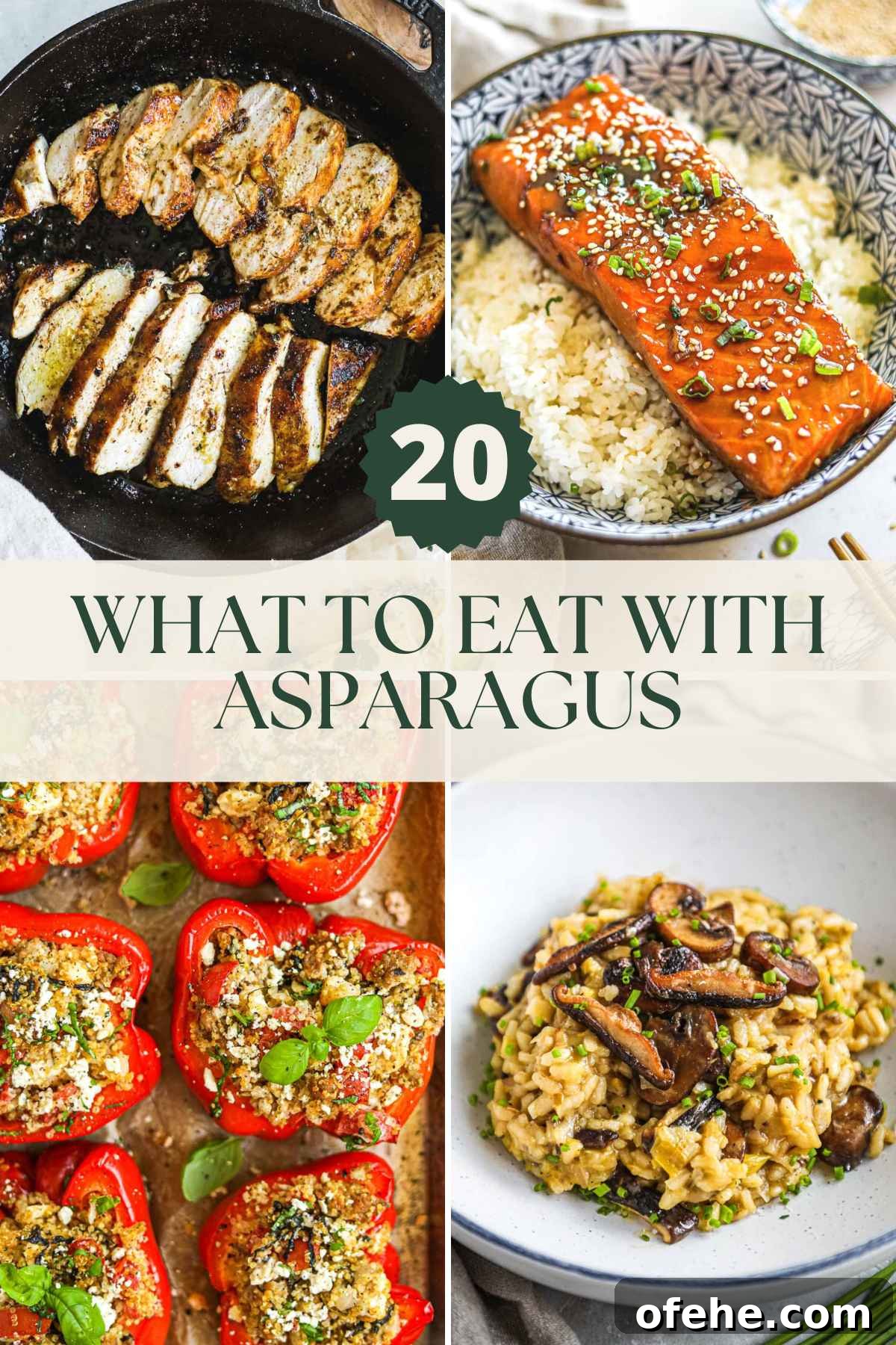 20 Delicious Dishes to Pair with Asparagus 2 What to eat with asparagus, including cast iron chicken breast, salmon, quinoa stuffed bell peppers, truffle mushroom risotto, and more.