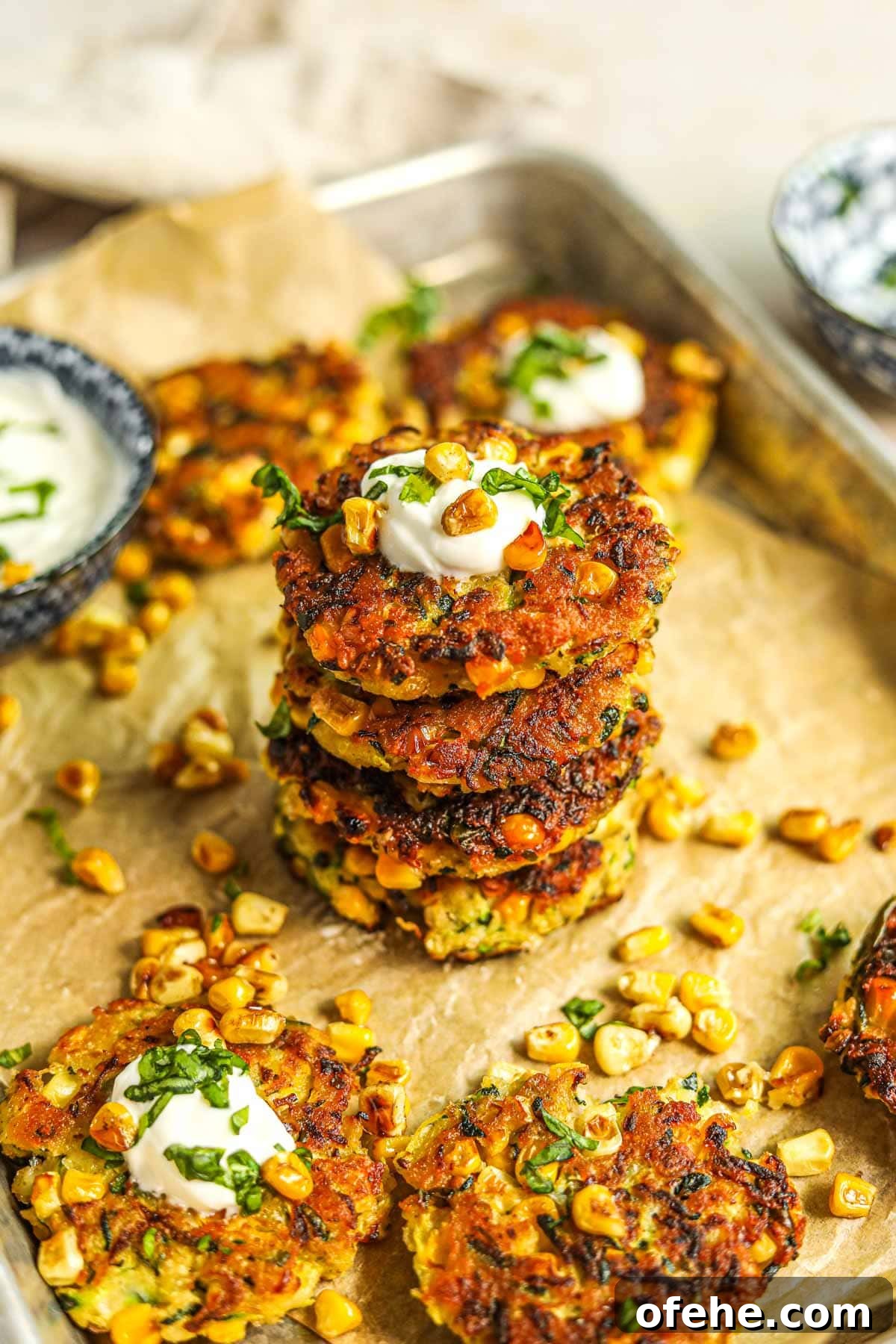 20 Delicious Dishes to Pair with Asparagus 14 Healthy corn and zucchini fritter stacked and topped with greek yogurt, roasted corn, and basil.