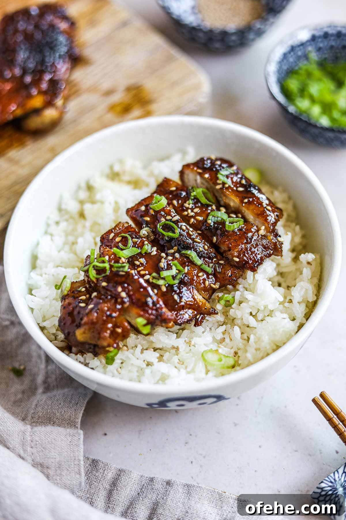20 Delicious Dishes to Pair with Asparagus 17 Teriyaki chicken rice bowl (donburi) made with homemade teriyaki sauce and served with chopsticks.