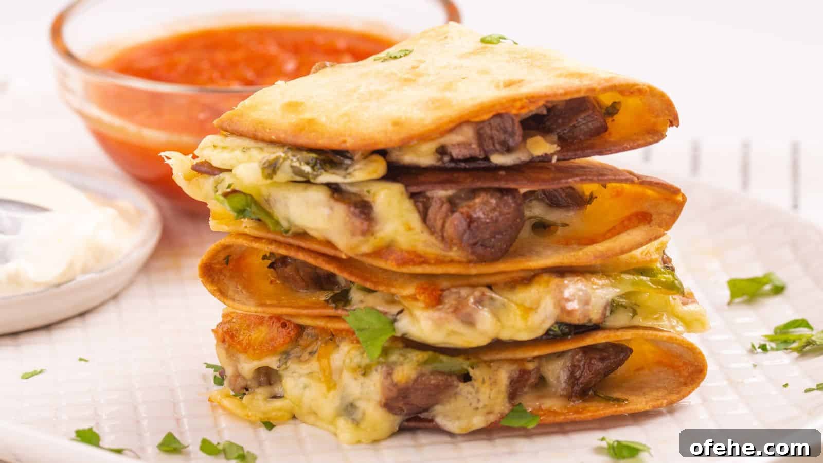 30 Quick Appetizers to Impress Guests Without Fuss 3 A stack of quesadillas filled with cheese and steak served with a side of red salsa on a white plate.