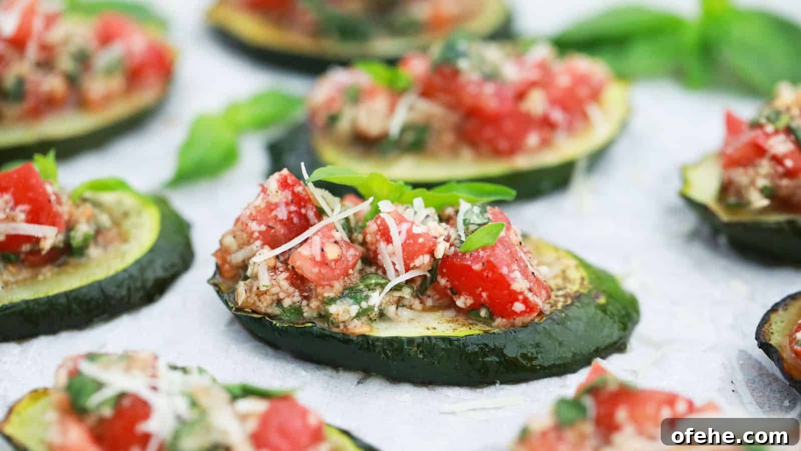 30 Quick Appetizers to Impress Guests Without Fuss 26 Baked zucchini bruschetta topped with chopped tomatoes, herbs, and grated cheese on a parchment-lined tray.