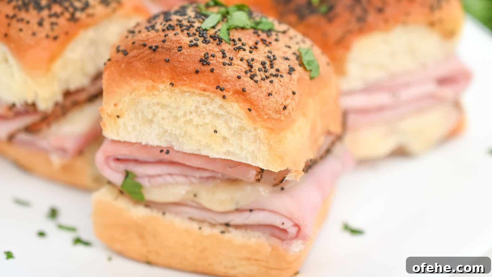 30 Quick Appetizers to Impress Guests Without Fuss 6 A close-up image of a platter of ham and cheese slider sandwiches sprinkled with poppy seeds and garnished with chopped herbs.